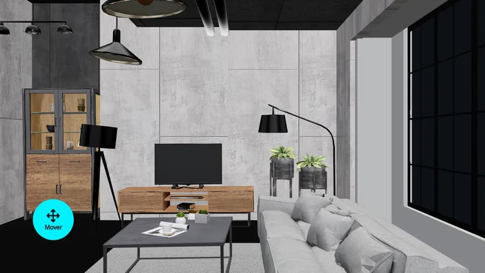 Dentro del living: sillón, mesa ratona, televisor, plantas y lámparas colgantes