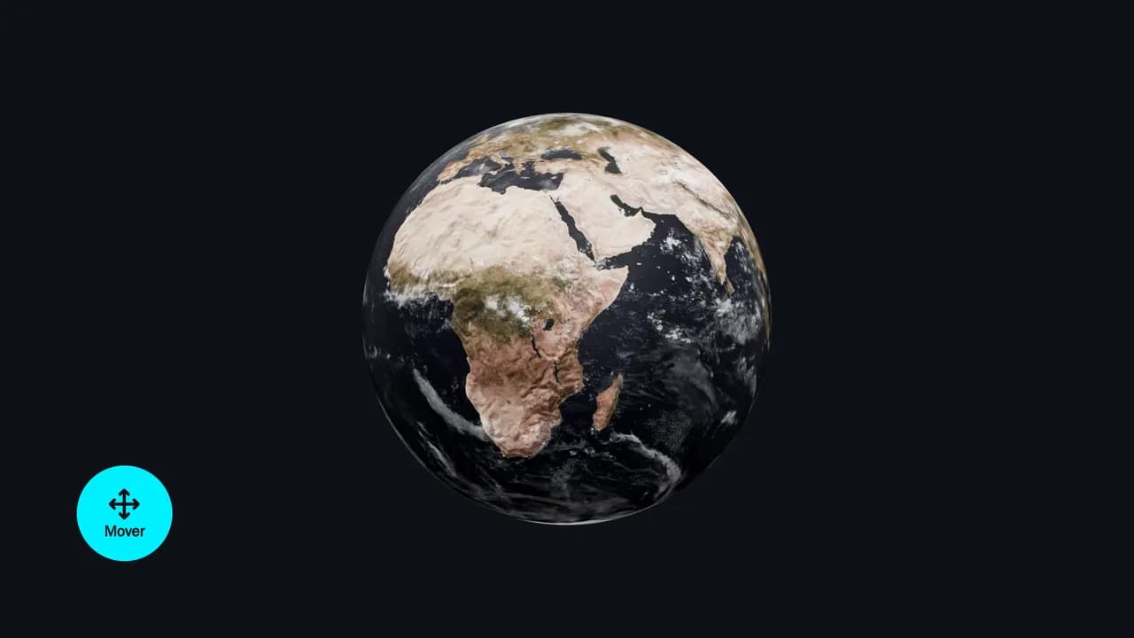 Objeto 3D para anclar y girar: el planeta Tierra anclado en el centro de la pantalla y, abajo a la izquierda, el botón Mover