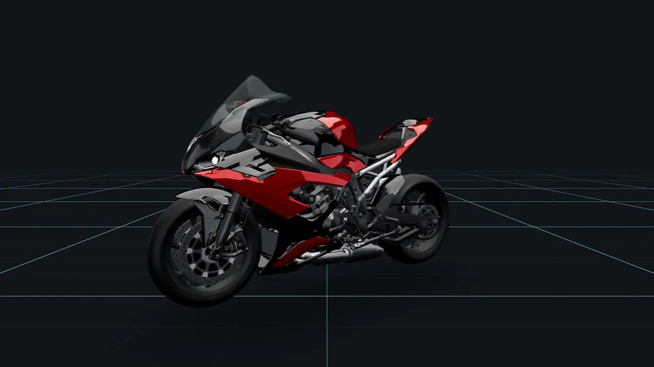 Producto en 3D: una moto deportiva roja y negra vista de tres cuartos sobre un piso de grilla