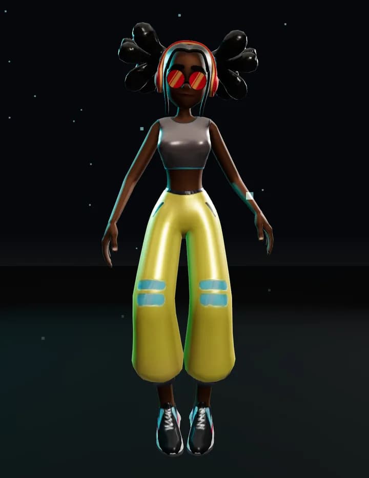 Protagonista 3D en una pantalla vertical: un personaje propio de cuerpo entero, con anteojos rojos, auriculares y pantalón amarillo, en una escena oscura con partículas