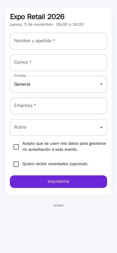 La página de inscripción de un evento en el celular: nombre y apellido, correo, tipo de entrada, empresa y rubro, y el consentimiento