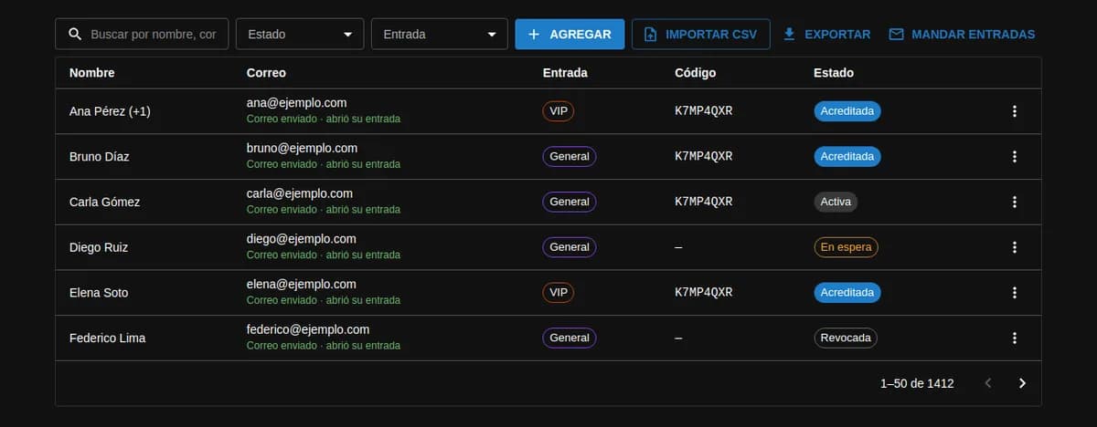 La lista de inscriptos con búsqueda, filtros, Agregar, Importar CSV, Exportar y Mandar entradas: cada persona con su correo, entrada, código y estado