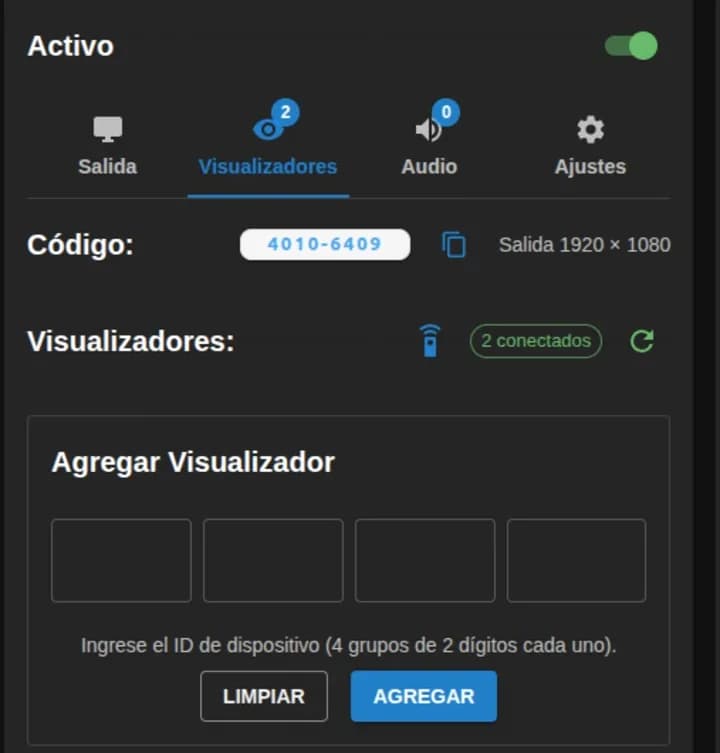 Pestaña de visualizadores de un canal en el panel: el código del canal, la salida en 1920 por 1080, dos visualizadores conectados y el formulario para agregar uno por el código del equipo