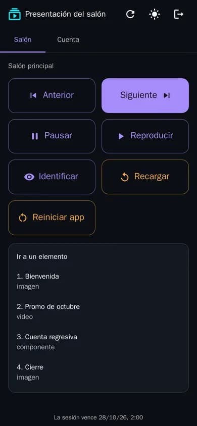 La pestaña de canal del control: Anterior, Siguiente, Pausar, Reproducir, Identificar, Recargar, Reiniciar app y la lista «Ir a un elemento»
