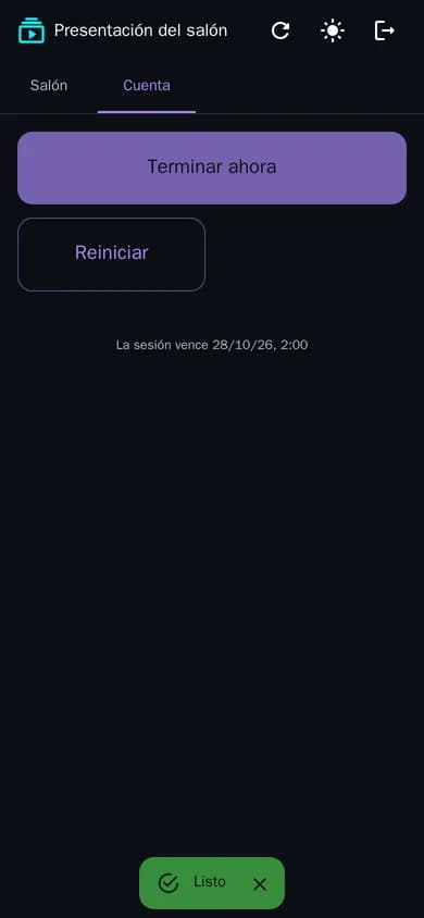 Pestaña de componente con los botones «Terminar ahora» y «Reiniciar» de la cuenta regresiva y el aviso «Listo»