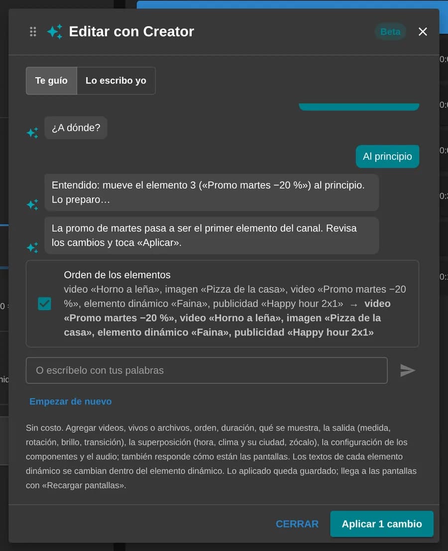 Editar con Creator en un canal: la promo de los martes pasa a ser el primer elemento, con el orden anterior y el nuevo y el botón Aplicar 1 cambio