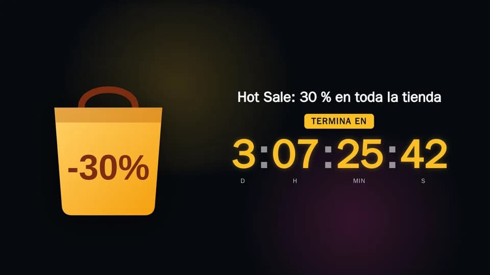 Cuenta regresiva con el modelo Lanzamiento/Oferta: la imagen del producto, el título «Hot Sale: 30 % en toda la tienda» y «Termina en» sobre los dígitos