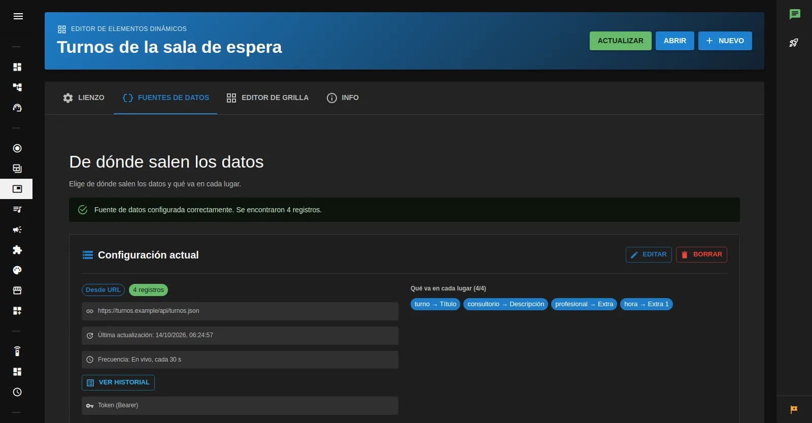 Contenido dinámico conectado a una fuente de datos, con el mapeo de campos y la frecuencia de actualización