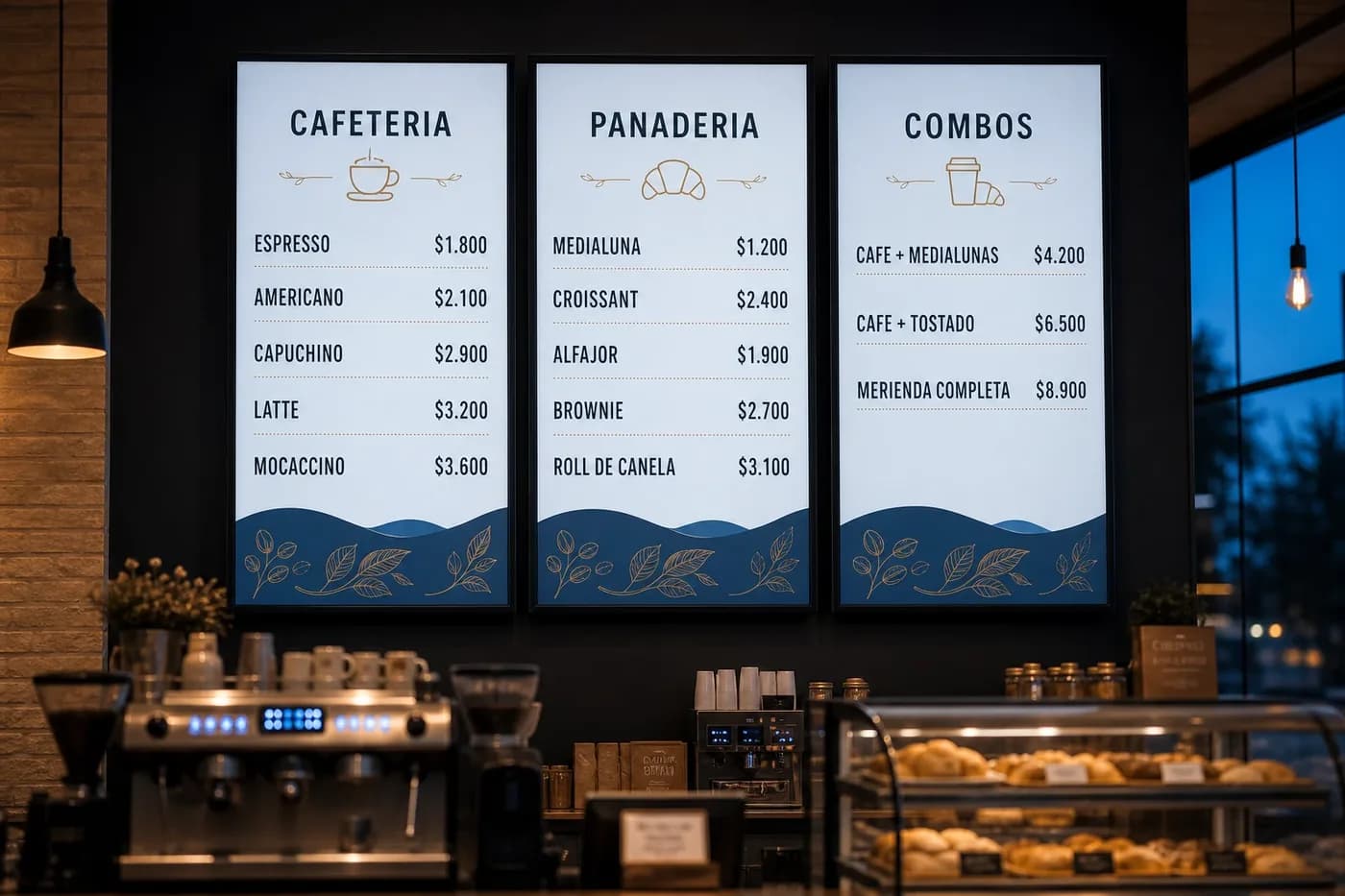 Tres pantallas verticales sobre el mostrador de una cafetería, cada una con una parte distinta de la carta