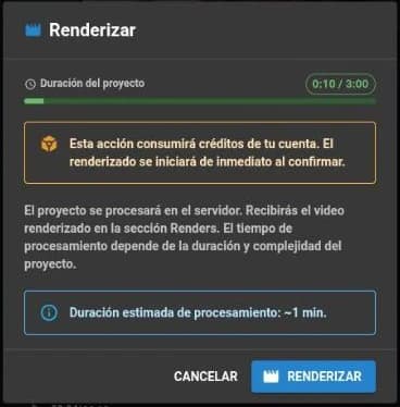 Diálogo Renderizar del editor: duración del proyecto sobre el máximo de 3 minutos, aviso de créditos y tiempo estimado de procesamiento