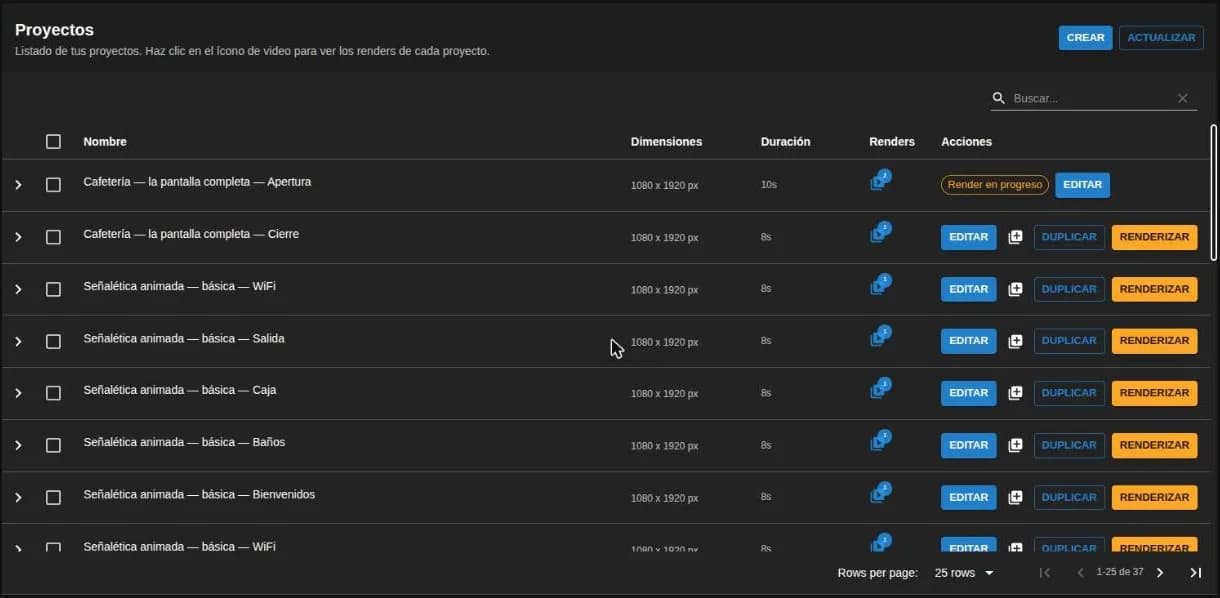 Tabla Renders del panel de tenelo con los proyectos, sus renders terminados y los botones Editar y Duplicar