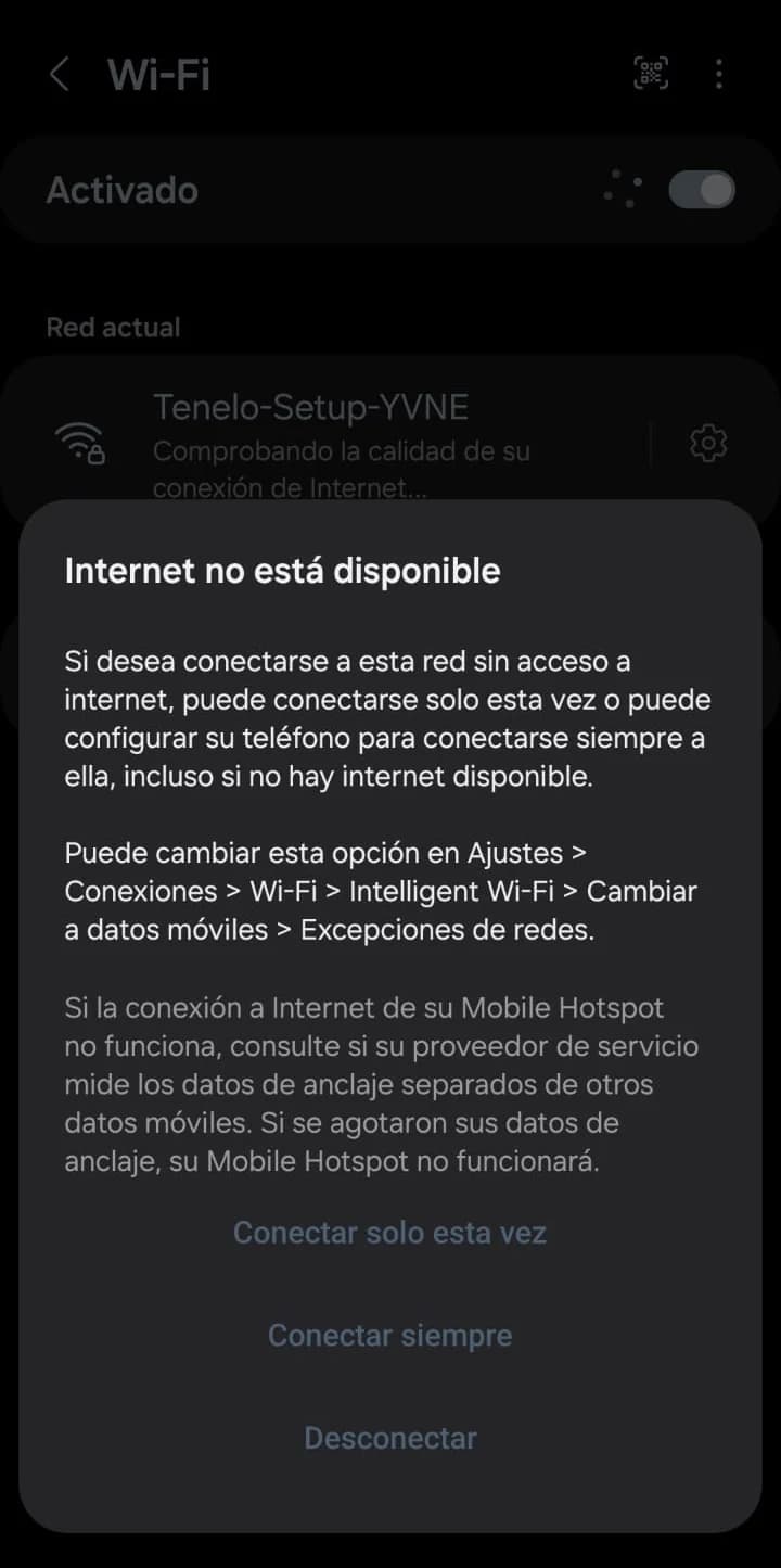 Aviso del celular: internet no está disponible en esta red, con la opción Conectar solo esta vez