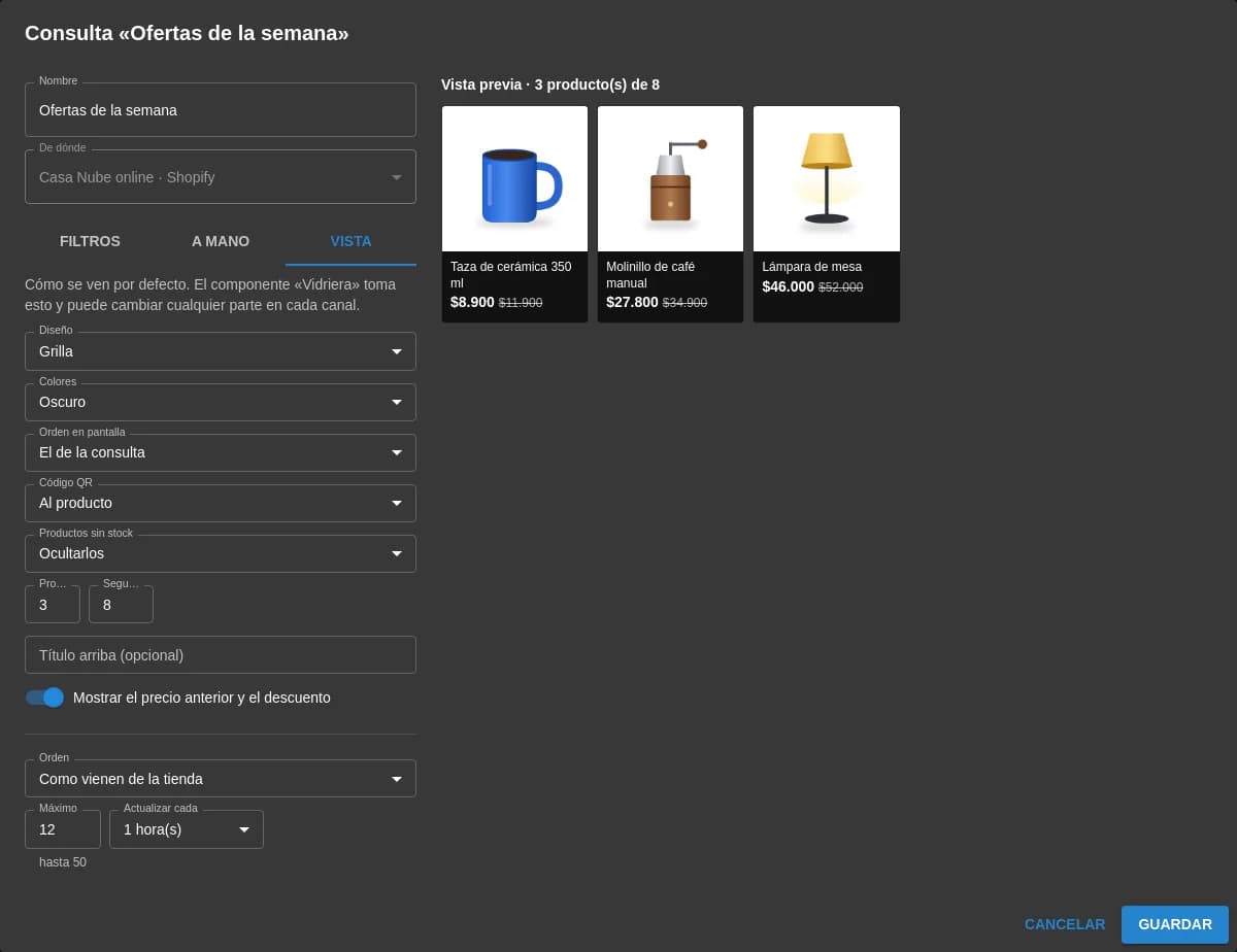 Pestaña Vista de una consulta en el panel: diseño, colores, orden en pantalla, código QR, productos sin stock, productos y segundos por vista, título y el interruptor para mostrar el precio anterior y el descuento
