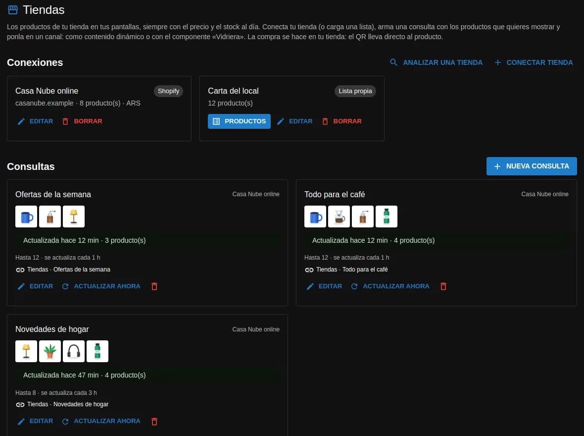 Módulo Tiendas del panel de Tenelo: dos conexiones, una tienda Shopify y una lista propia, y tres consultas con las miniaturas de sus productos, cuándo se actualizaron, cada cuánto se actualizan y su contenido dinámico vinculado
