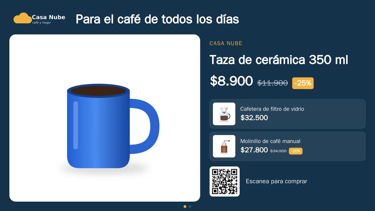 Vidriera en diseño destacado con los colores de la marca Casa Nube: una taza de cerámica grande con su precio y descuento, al lado una cafetera y un molinillo en lista, y un código QR con el texto Escanea para comprar