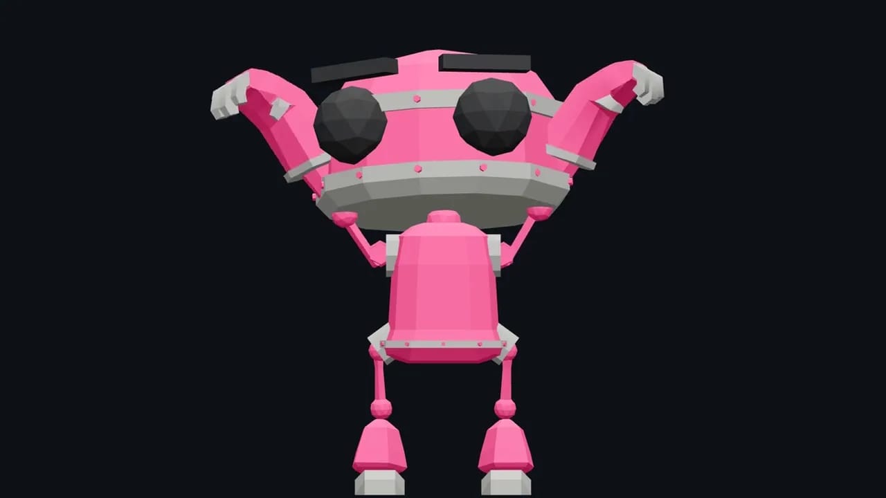 Personaje que te imita: un robot rosa en la pantalla que levanta los brazos copiando a la persona que está frente a la cámara