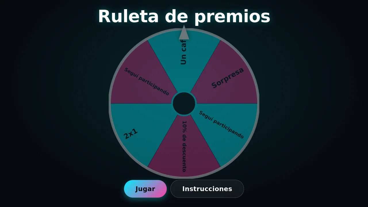 Ruleta de premios en una pantalla táctil, con los gajos y los premios del comercio