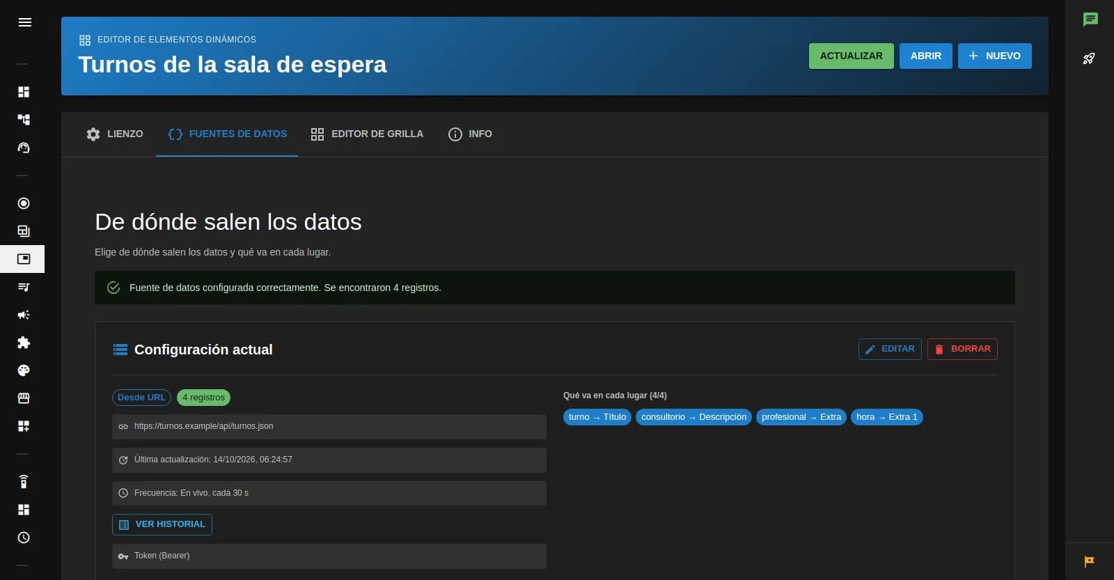 Gestión de fuentes de datos: una fuente conectada, la URL del servicio, el mapeo de los campos que se van a mostrar y cada cuánto se actualiza
