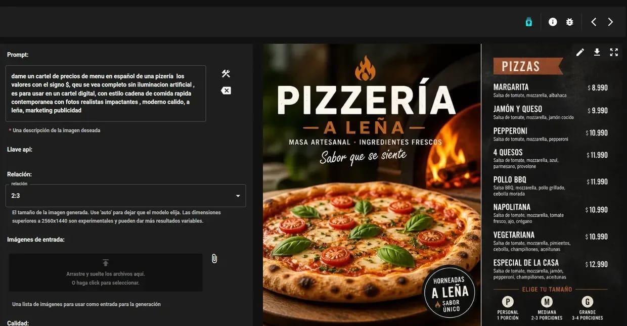 Generador de imágenes con IA del panel: a la izquierda, el pedido escrito en español y la relación de aspecto; a la derecha, la carta de precios de una pizzería que salió de ese pedido