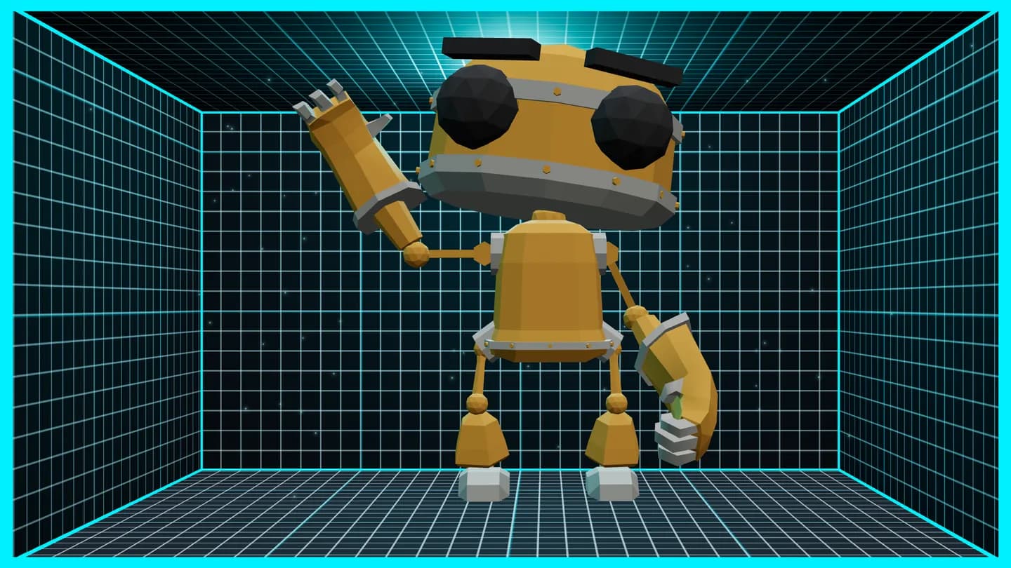 Cartel 3D: un robot amarillo que saluda y parece salir de la pantalla, dentro de una caja de líneas cian