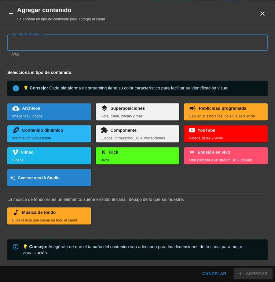 Diálogo Agregar contenido del canal: Archivos, Superposiciones, Publicidad programada, Contenido dinámico, Componente, YouTube, Vimeo, Kick, Emisión en vivo, Generar con IA Studio y Música de fondo