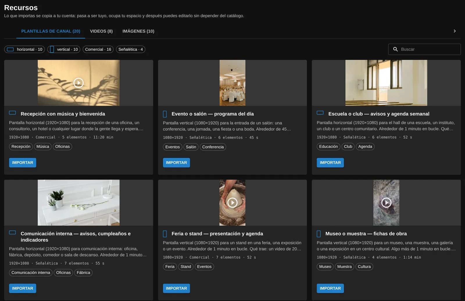 Recursos en el panel de Tenelo: plantillas de canal como Recepción con música y bienvenida, Evento o salón — programa del día, Escuela o club, Comunicación interna, Feria o stand y Museo o muestra, con filtros horizontal, vertical, Comercial y Señalética