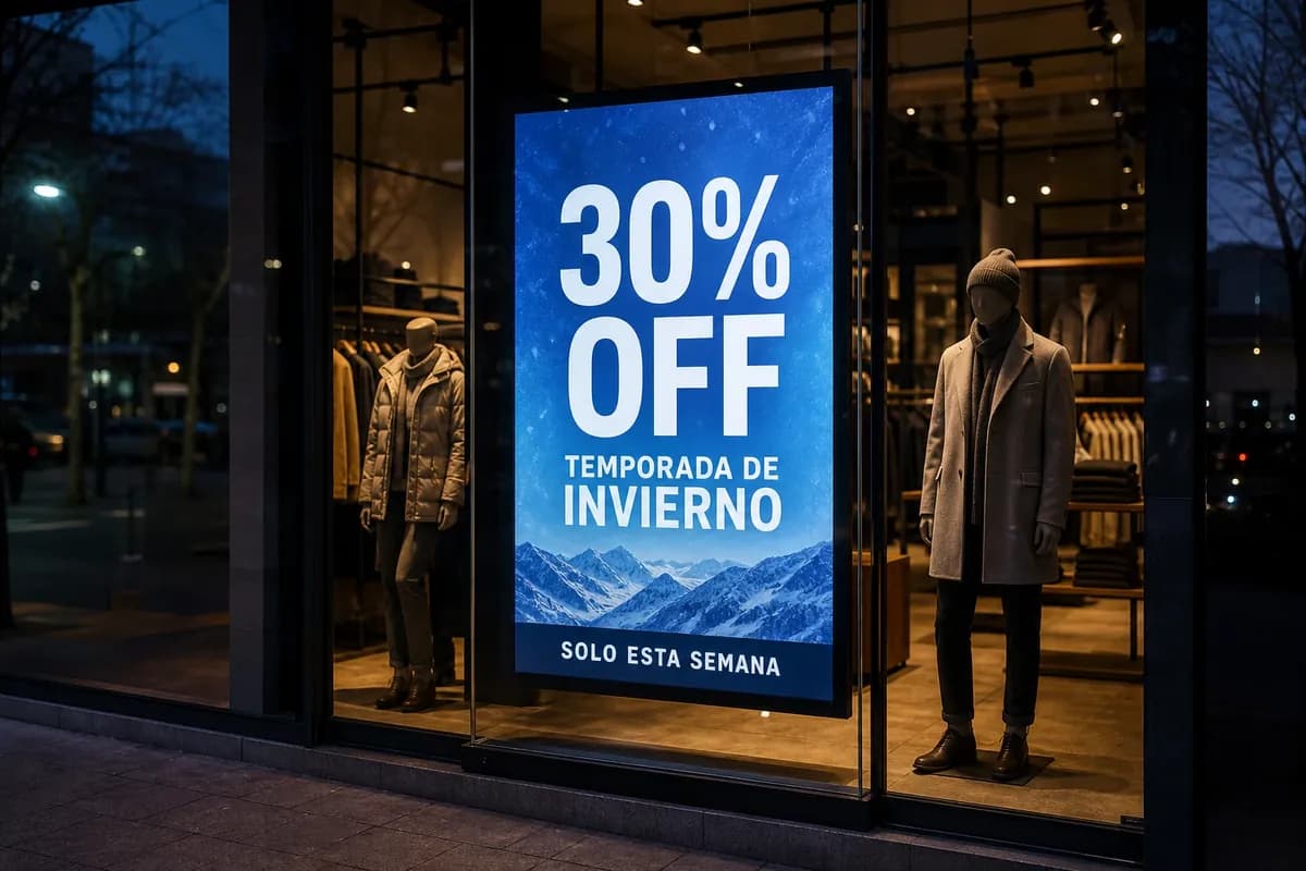 Pantalla en la vidriera de un comercio mostrando una promoción