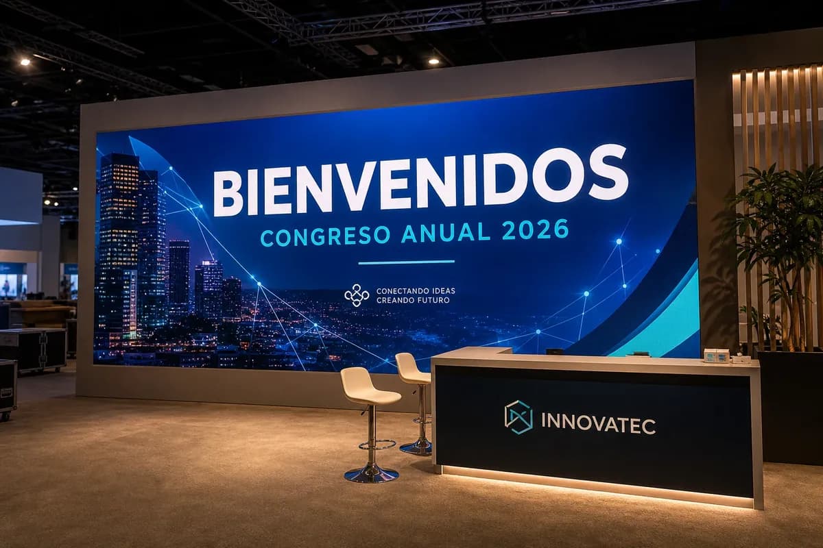 Pantalla grande en la recepción de un congreso con la bienvenida al congreso anual 2026, junto al mostrador de acreditación