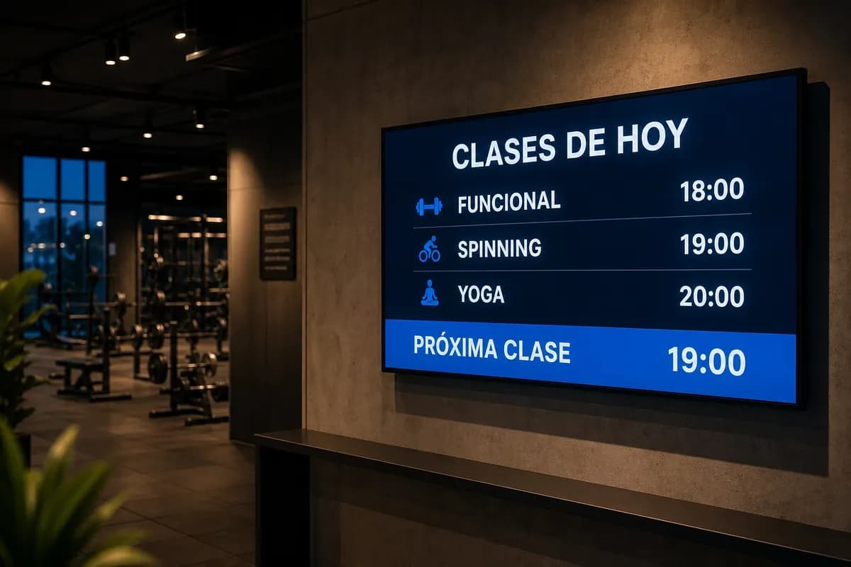 Pantalla en la pared de un gimnasio con las clases del día: funcional, spinning y yoga con sus horarios, y la próxima clase destacada