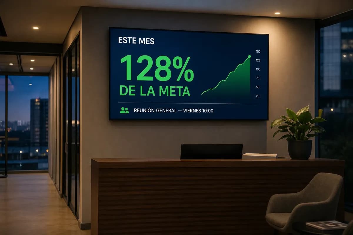 Pantalla en la recepción de una oficina con un indicador del mes: 128 % de la meta y el aviso de la reunión general del viernes