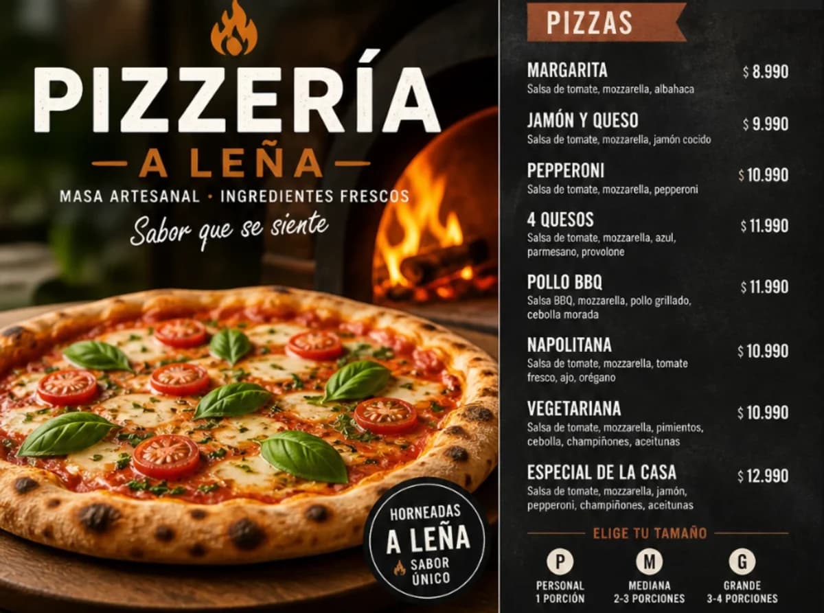 La carta de una pizzería con sus pizzas y precios, como pieza de un canal