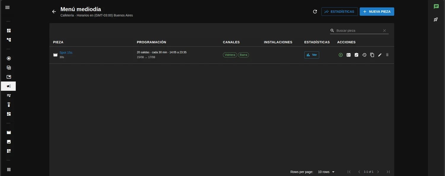 Listado de piezas de una campaña, cada una con su programación, en qué canales e instalaciones sale y el acceso a sus estadísticas