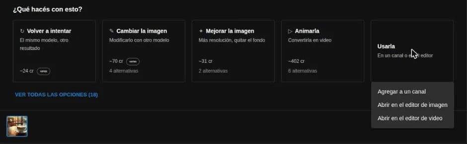 El menú Usarla de IA Studio: agregar el resultado a un canal o abrirlo en el editor de imagen o en Crear video