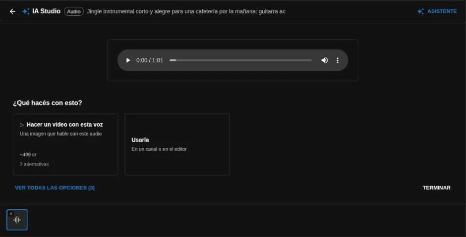 Un jingle generado con IA Studio con su reproductor y los pasos siguientes: hacer un video con ese audio o usarlo en un canal