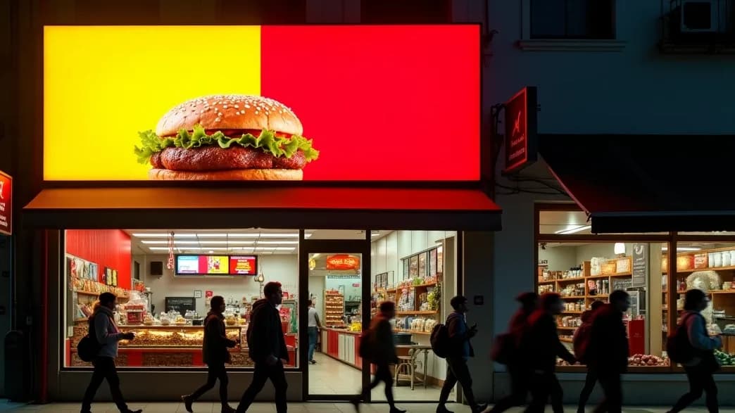 Frente de un local de noche con un cartel LED encendido mostrando una hamburguesa sobre fondo amarillo y rojo, gente pasando por la vereda